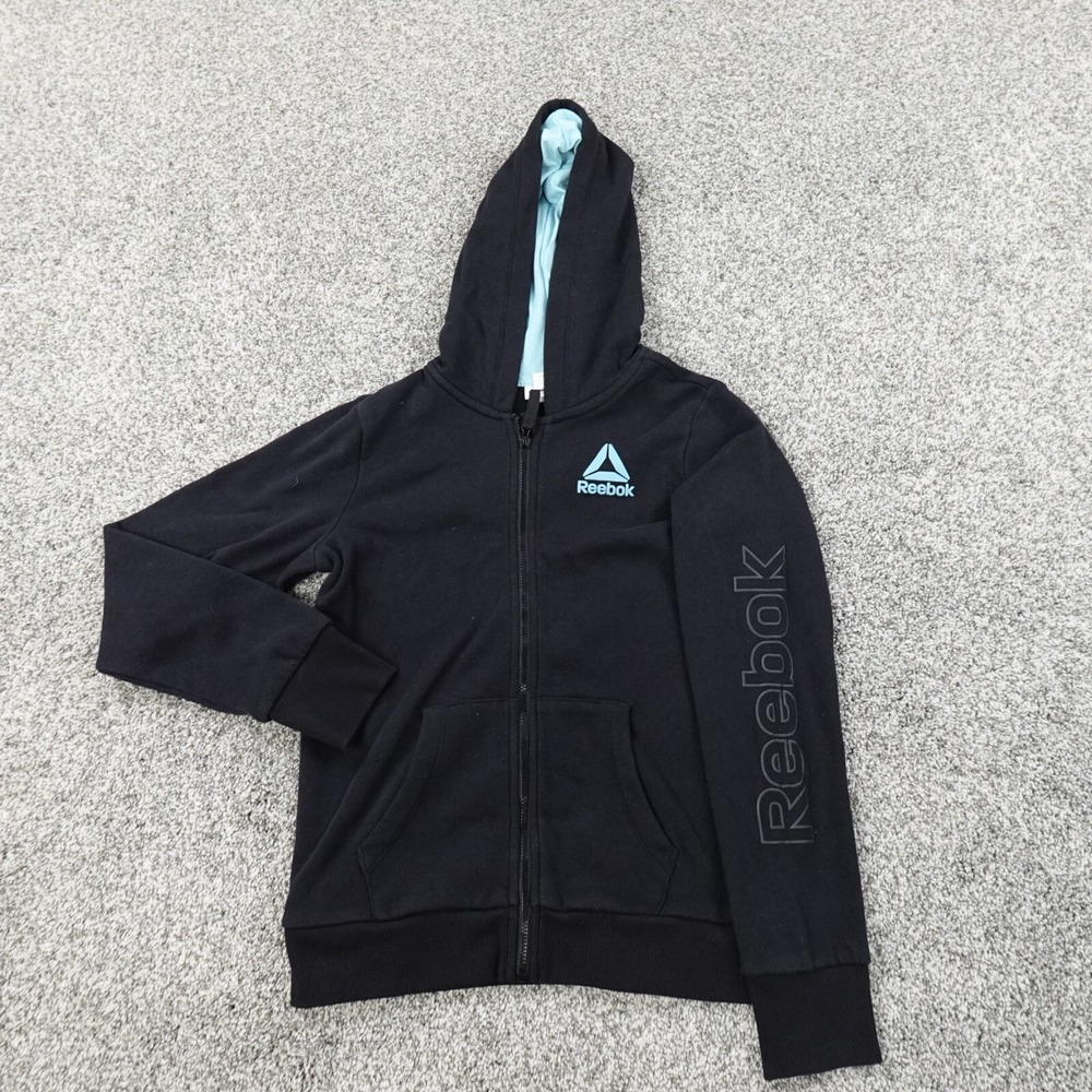 Reebok Hoodie Girls L 10/12 Black Zip Sweatshirt Sweater Jacket Active Youth Kid
